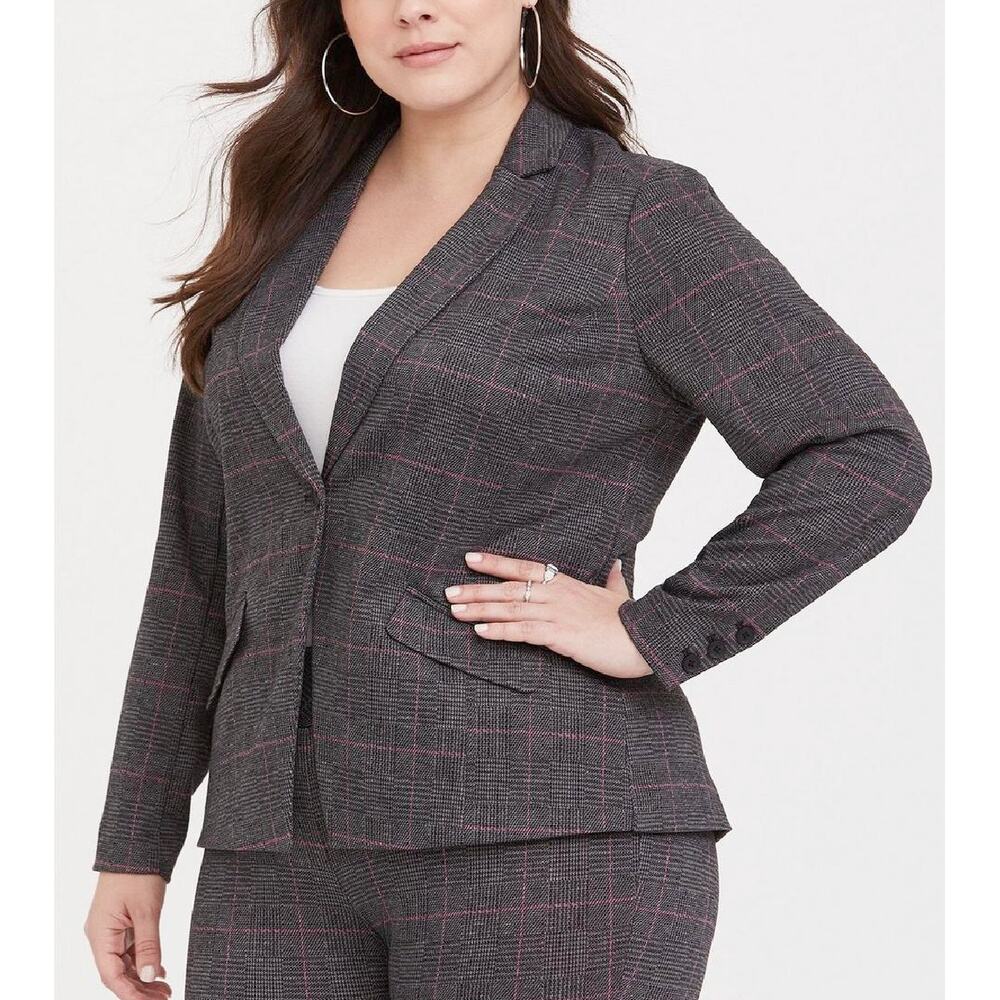 Torrid Plaid Studio Double Knit Blazer Jacket Size 3X Gray Pink Black